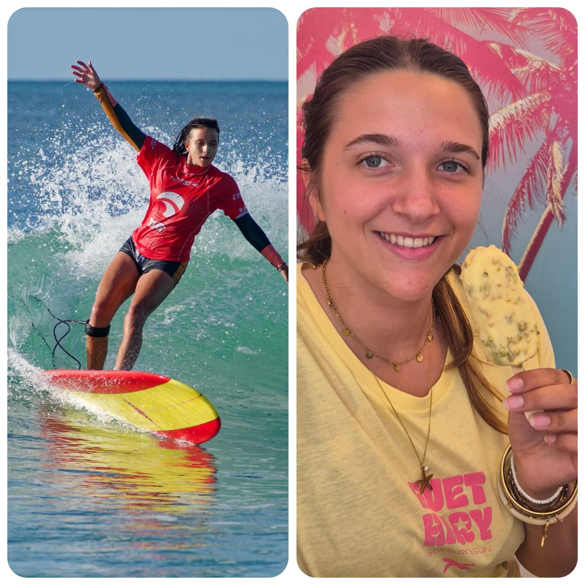 Surfeuse en compétition et casse-croûte au soleil — @coteb_biarritz